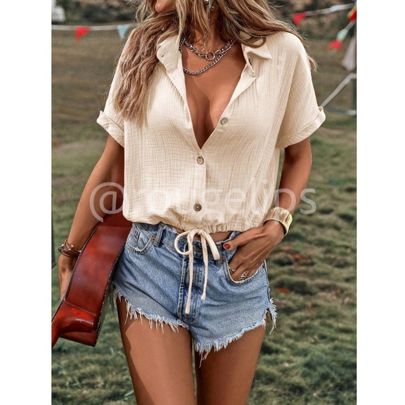 Cotton Beige Short Sleeve Collared Shirt Drawstring Ties Rolled Sleeve Cuff - Picture 2 of 8